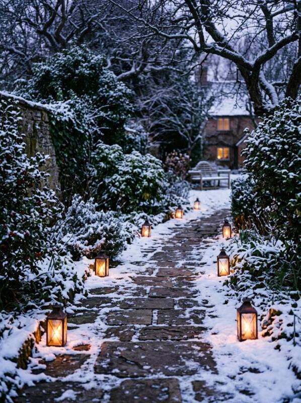 A Lantern-Lit Garden Path – winter garden idea for UK gardens