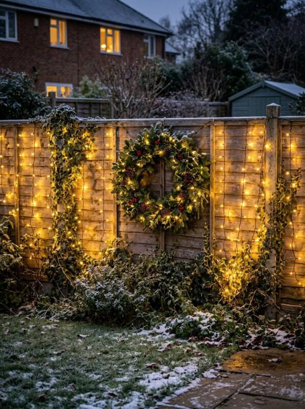 A Curtain of Lights on the Fence – outdoor Christmas lights idea for UK gardens
