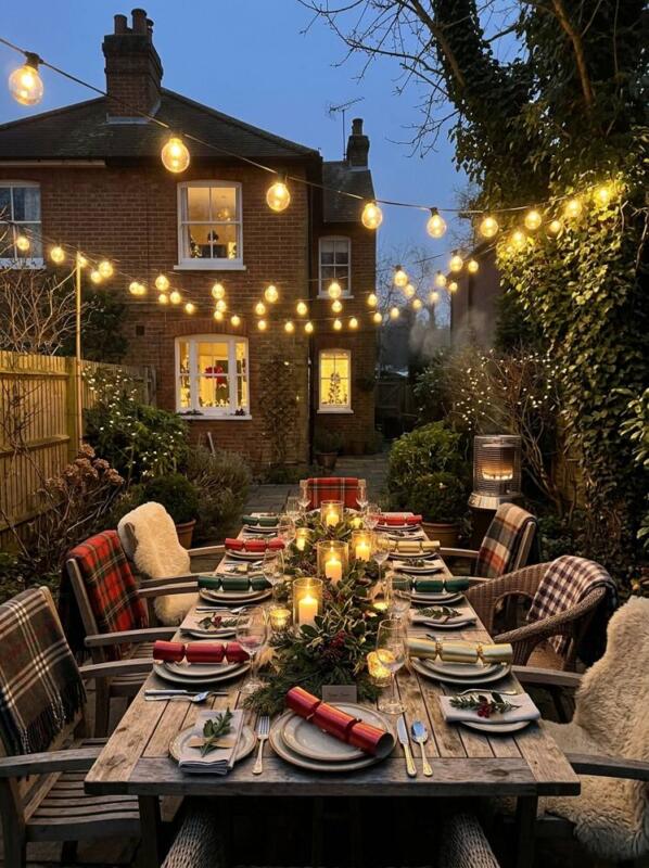 Festoon Lights over a Christmas Table – outdoor Christmas lights idea for UK gardens