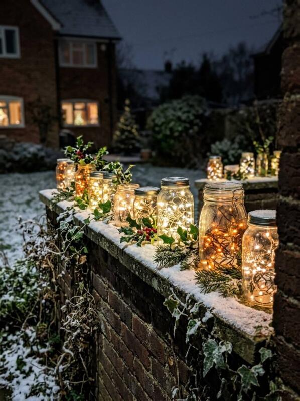 Fairy Lights in Jars on a Wall – outdoor Christmas lights idea for UK gardens