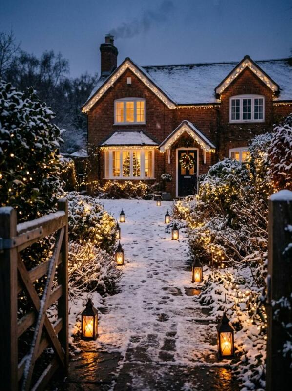 A Lantern and Fairy Light Path – outdoor Christmas lights idea for UK gardens