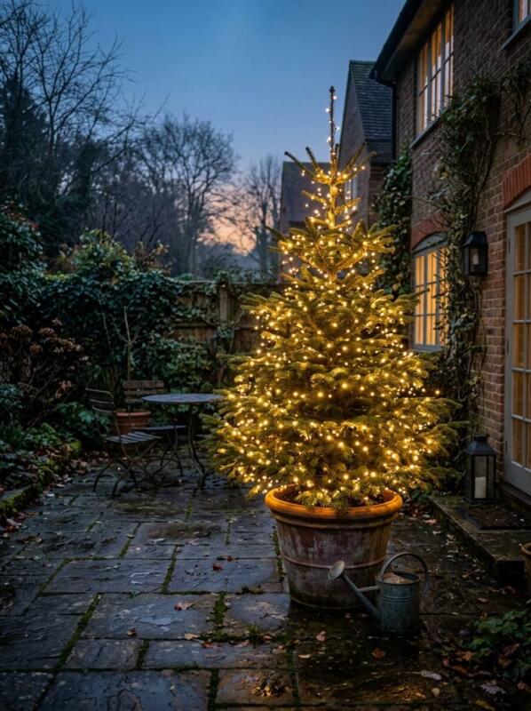A Potted Christmas Tree with Warm Lights – outdoor Christmas lights idea for UK gardens