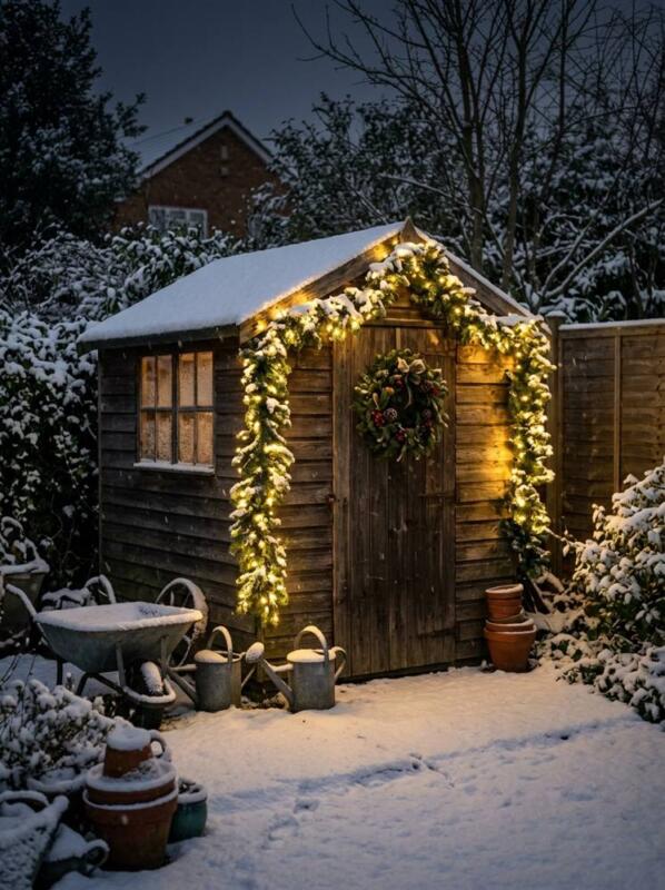A Shed with Garland and String Lights – outdoor Christmas lights idea for UK gardens